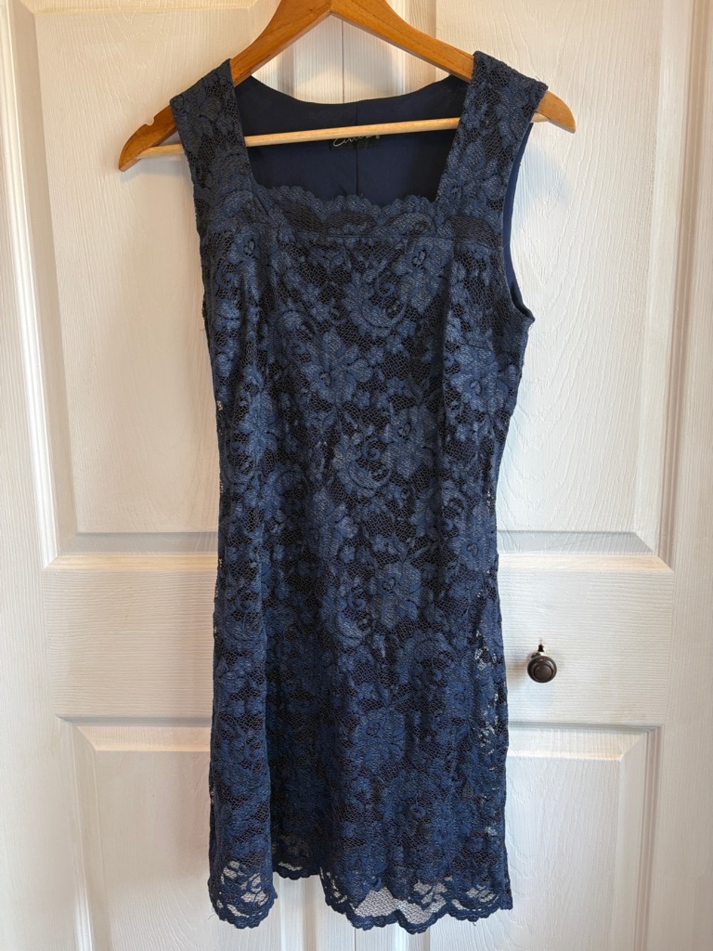 Navy Lace Midi Dress with Square Neck